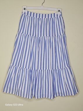 J. Crew Blue and White Striped Tiered Midi Skirt